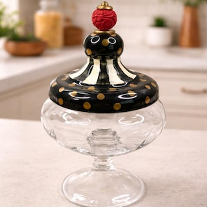 MacKenzie-Childs Black Tie apothekerspot grote hoofse streep gouden polkadot