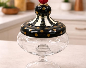 MacKenzie-Childs Black Tie Apothecary Jar Large Courtly Stripe Gold Polka Dot