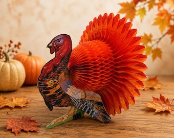 Vintage Beistle Turkey Honeycomb Paper Thanksgiving Decoration 1970s Die Cut Fall Holiday Decor