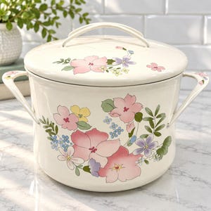 Vintage Kobe Courtney Enamelware 3 Qt Stock Pot Pan Lid Floral Japan Unused Cottage Kitchen