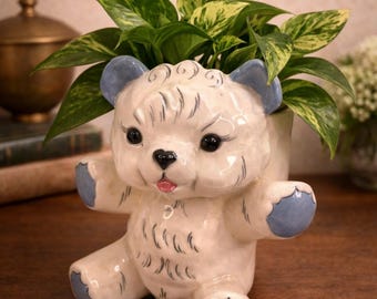 Figura vintage de oso de cerámica Kay Finch, 15 cm, detalles azules, estudio de cerámica artística de California.