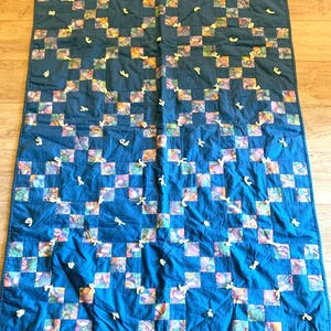 Vintage Handmade Patchwork Tack Quilt Blue Multicolor 38” x 56” Hand Tied