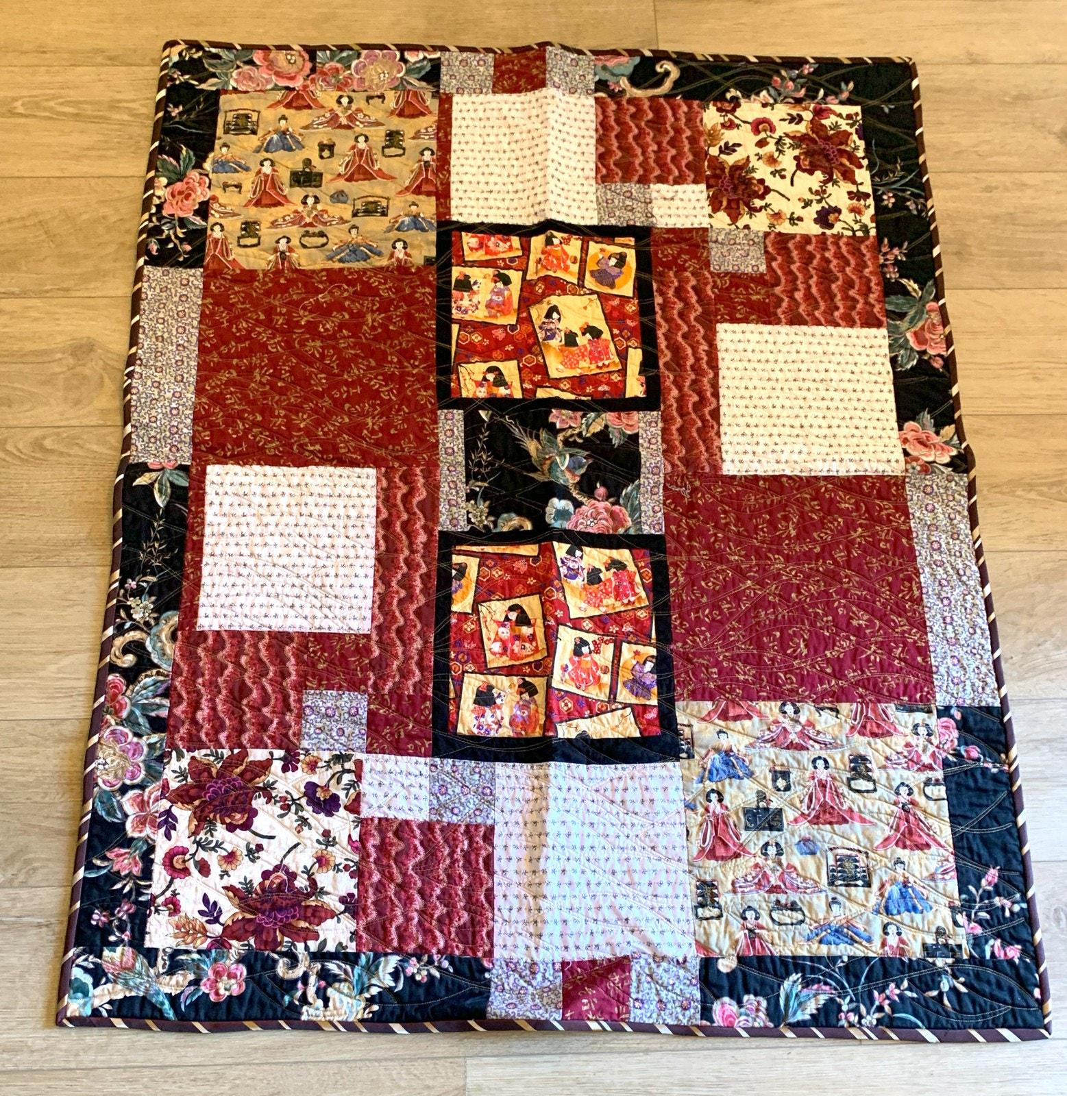 ハンドメイドリバーシブルパッチワークキルト アジアン風シルク着物