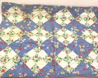 Vtg Handmade Patchwork Doll Quilt 19" x 26" Cotton Fabric Blue Floral Cottage