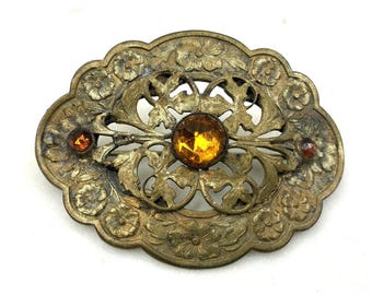 Antique Art Nouveau Floral Sash Brooch w/ Amber Glass Brass Openwork 2x3"