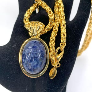 Kenneth J Lane KJL Egyptian Carved Stone Scarab Pendant Necklace Ornate
