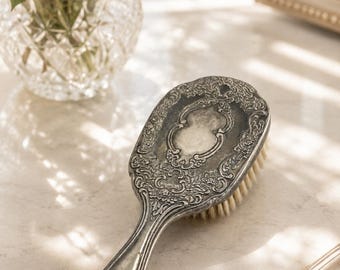 Vintage Silber Platte Eitelkeit Haarbürste Rokoko Blumen Repousse Kommode Dekor