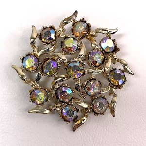 Vintage BSK Aurora Borealis Rhinestone Brooch Gold Tone Setting