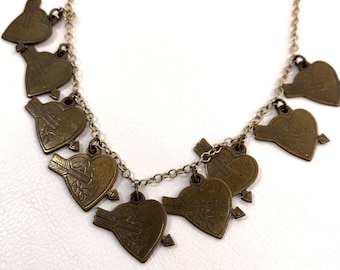 Vintage Piddly Links Kingston New York Brass Hearts Charm Necklace