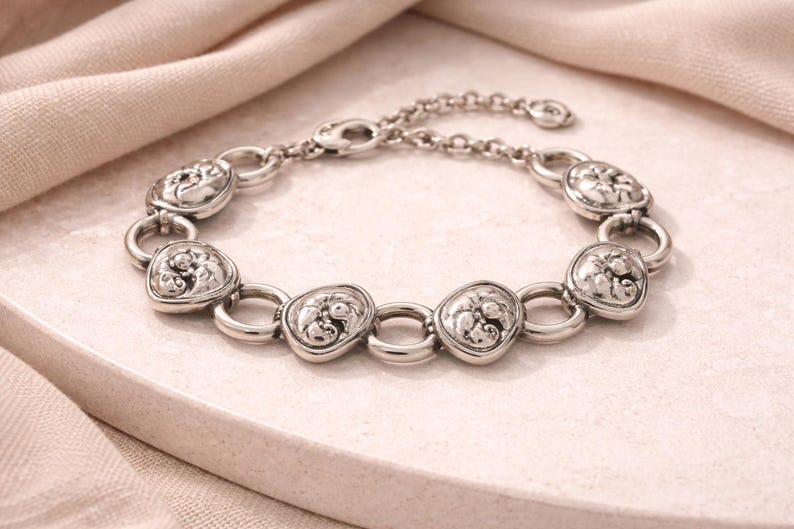 Brighton Chunky Puffy Heart Link Bracelet Silver Plated Retired Vintage Designer Jewelry image 1