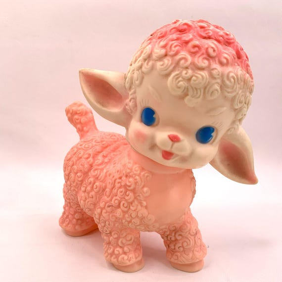Vintage Sun Rubber Pink Lamb Sheep Toy 1950's Squeaker Does