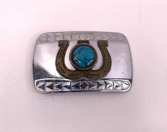 Vintage Lucky Double Horseshoe Belt Buckle Turquoise Southwestern Design