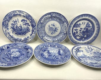 Spode Blue Room Collection 25 cm tallrikar, set med 6 botaniska blommiga transferware