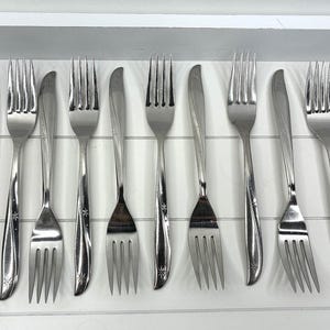 Cubiertos Oneida Twin Star, 12 tenedores, diseño Atomic Starburst, acero inoxidable, estilo vintage de 1959.