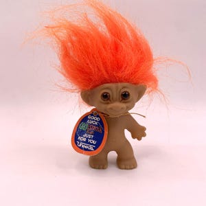 Vintage Uneeda Wishnik Good Luck Troll Doll Orange Hair Original Hang Tag