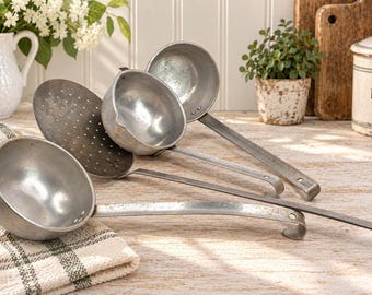 Vintage Aluminum Ladles Skimmer Kitchen Utensils Lot of 4 Large Commercial Primitive Farmhouse Kitchen