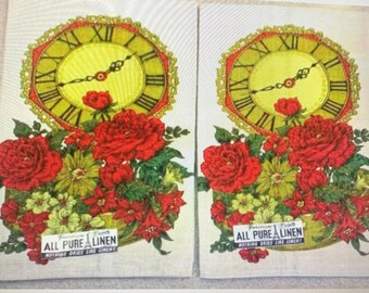 May include: Two vintage tea towels with a floral design and a clock face. The towels are white with a red, yellow, and green floral pattern. The clock face is yellow with black numbers and hands. The towels have the text "All Pure Linen" printed on them.