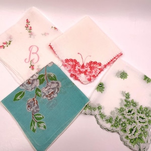 Lot of 4 Vintage Floral Handkerchiefs Crochet Trim Hankies Cotton Print Linens