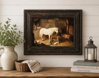 Vintage Horse Stable Print Rustic Wood Frame Framed Farm Wall Art White Horse Barn Scene Equestrian Country Cottage Decor