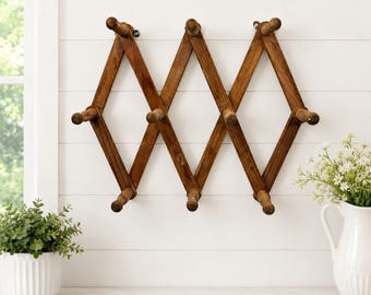 Vintage Wood Accordion Peg Rack Expandable Wall Coat Hat Mug Hanger 10 Pegs #1