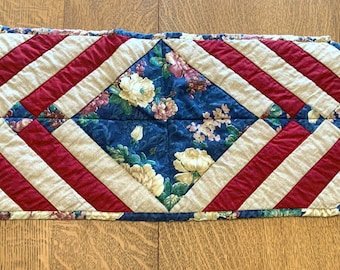 Handmade Quilted Table Runner Red Stripe & Floral Cottagecore Decor 12"x32"
