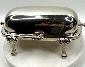 Vtg Poole Lancaster Rose Silverplate Roll Top Butter Dish Glass Insert Footed
