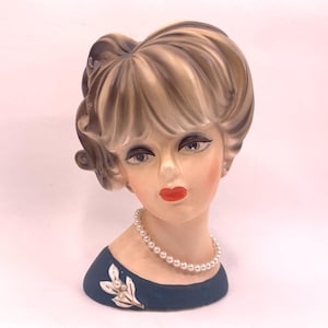 Vintage Napcoware Lady Head Vase 5.5 Blue Dress C7472 Mid Century Modern Cottagecore