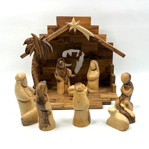 Handgesneden olijfhouten kerststal Bethlehem Made Creche met figuren 12-delig