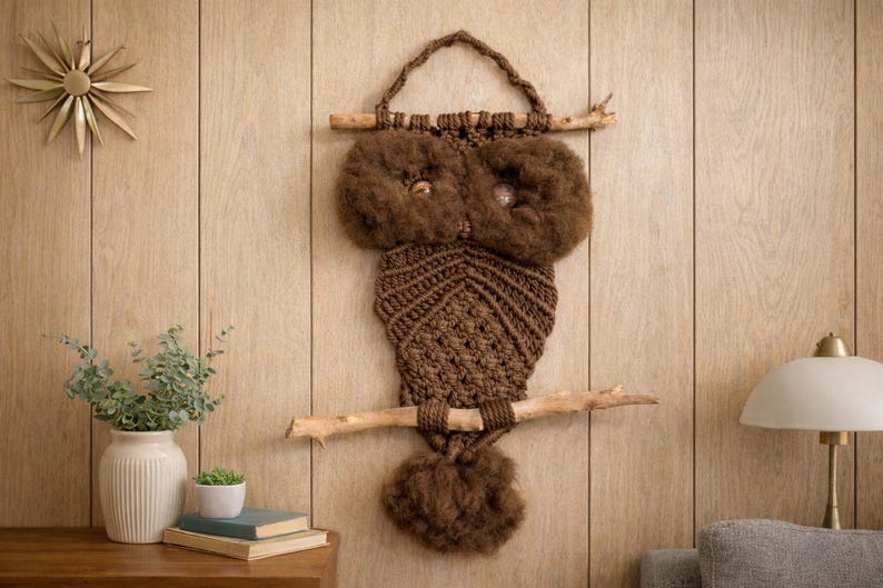 Vintage Brown Macrame Owl Wall Hanging Boho Fiber Art with Driftwood Perch MCM image 1