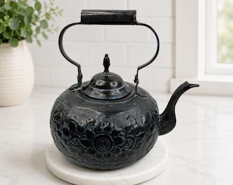 Vintage Black Metal Teapot Kettle Embossed Floral Flowers Patina Asian