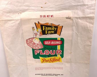 Bolsa de harina leudante vintage Family Fare, bolsa de tela de 25 libras, Coldwater, MI Farmhouse