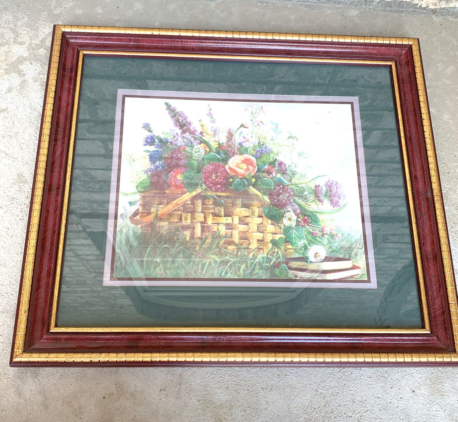 Vintage Bettie Hebert Felder Flower Basket Framed Print Vintage Homco 15" x 17"