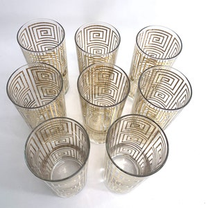 VTG Culver Highball Glasses – Set of 8 – 22K Gold Greek Key – MCM Barware Signed Culver USA