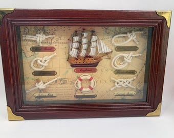 Vtg Nautical Shadow Box Mayflower Ship Model & Knots Wood Frame Maritime Decor