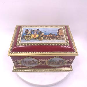 Vintage Klann Red & Gold Tin Box Germany Winter Village Scene Horse Coach 7"x5" Candy Biscuit Container Decor
