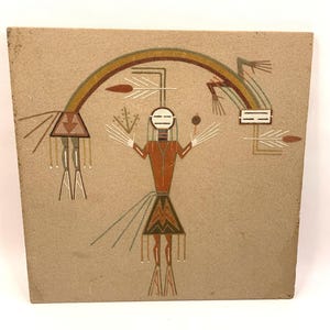 Lehi Benally Navajo Sand Painting 12&quot;x12&quot; Whirlwind Boy & Rainbow Boy Signed Art
