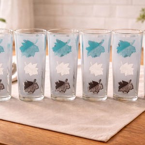 VTG Libbey Frosted Ahornblatt Eistee Gläser 6 Blaugrün & Schwarz MCM Barware