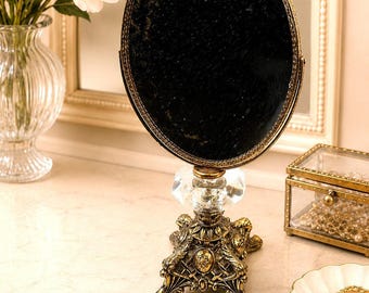 Vintage Hollywood Regency Vanity Mirror Swivel Gold Tone Crystal Pedestal Goodman