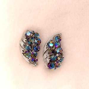 Vintage  Rhinestone Earrings Blue AB Silver Tone Leaf Clip On  Signed Granny Mid Century