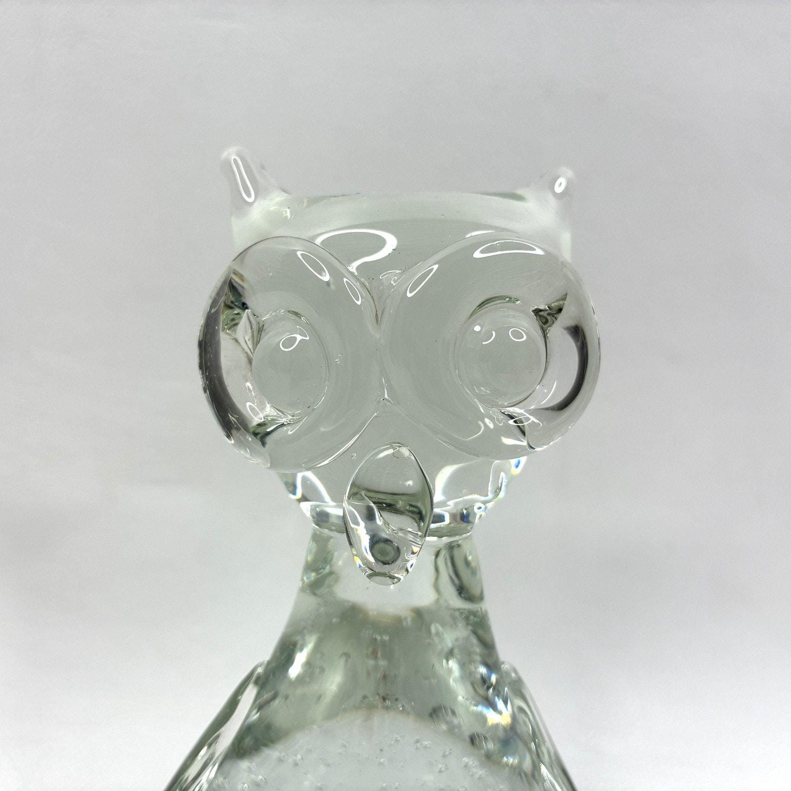 Vintage Art Glass Owl Figurine Clear Bubble Glass Hand Blown 5&rdquo; Paperweight