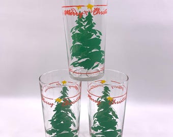 Vintage Christmas Tree Drinking Glasses Retro Yuletide Decor Set of 3