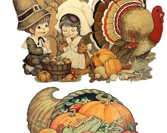Vintage Hallmark Thanksgiving Die Cuts Pilgrims Turkey Cornucopia Decor Set of 3 Traditional Harvest