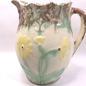 Antique Art Nouveau Majolica Pitcher Yellow Daisies Farmhouse Cottage Core