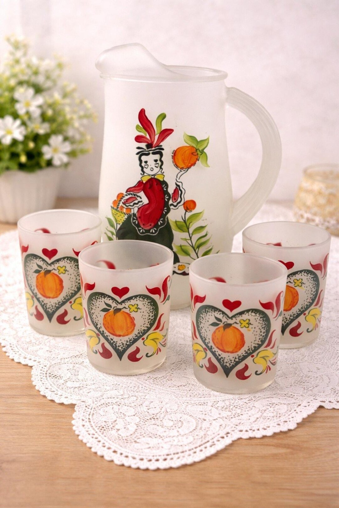 Hazel Atlas Gay Fad Frosted Juice Set Pitcher Glasses Vintage Hand