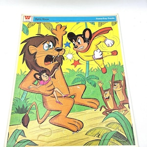 Rompecabezas con marco Whitman de Mighty Mouse de 1969, juguete de dibujos animados vintage, fabricado en EE. UU., 11,5" x 14,5".