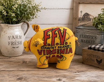 Vintage FFV Virginia Ham Sack Pig Handmade Primitive Folk Art Farmhouse Decor Smithfield Advertising Plush Country Store