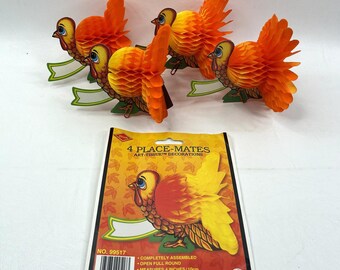 Vtg 1994 Beistle Turkey Place-Mates Honeycomb Set of 4 Thanksgiving Decor 4" Table Decorations