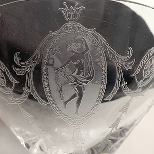 Vintage Tiffin Franciscan Shawl Dancer Etched Glasses – Set of 6 – 1930s–40s Champagne or Martini Glasses – Classic Pattern