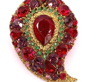 Vintage ART Arthur Pepper Ruby Red Rhinestone Brooch Renaissance Revival Style Hollywood Regency