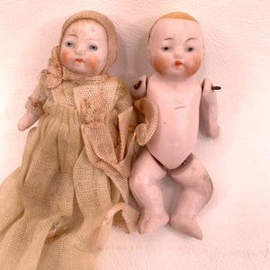 Antique German Bisque Dollhouse Miniatures Doll Baby Toddler Jointed 2.5&quot; Set of